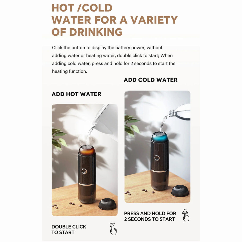 Instructions for using a hot and cold water device with images and text.