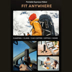 CofeMeki Portable Coffee Maker with lifestyle images of use in various settings.