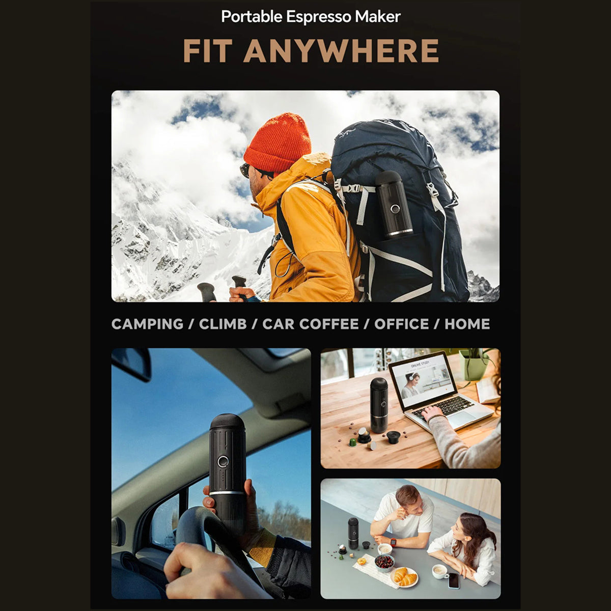 CofeMeki Portable Coffee Maker with lifestyle images of use in various settings.