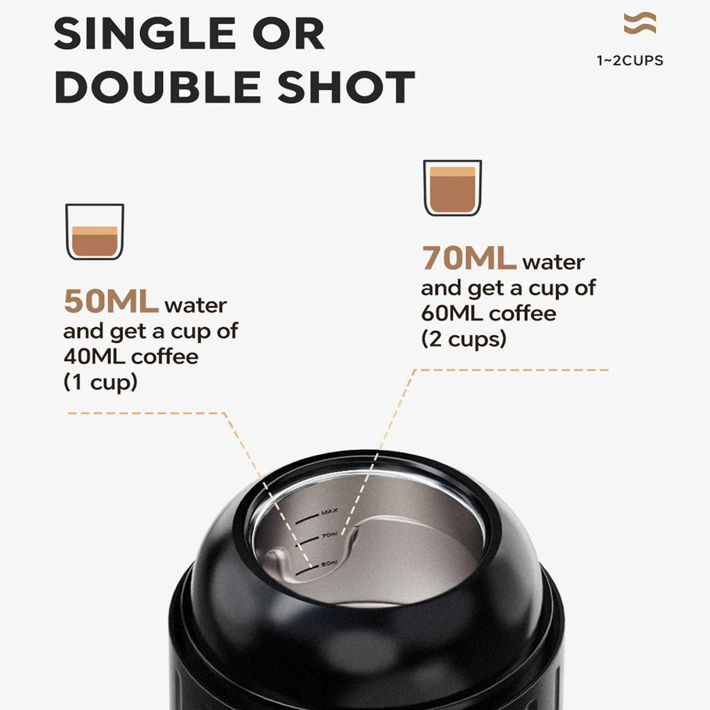 Black CofeMeki Portable Coffee Maker with measurement markings and text on a white background