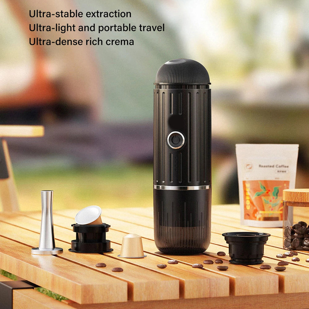 Black CofeMeki Portable Coffee Maker on a wooden surface with text highlighting features.