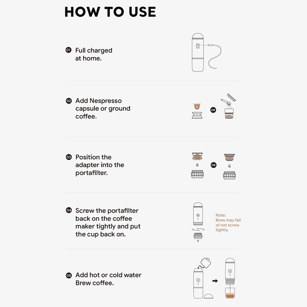 Instructions on how to use a CofeMeki Portable Coffee Maker device with text and icons.