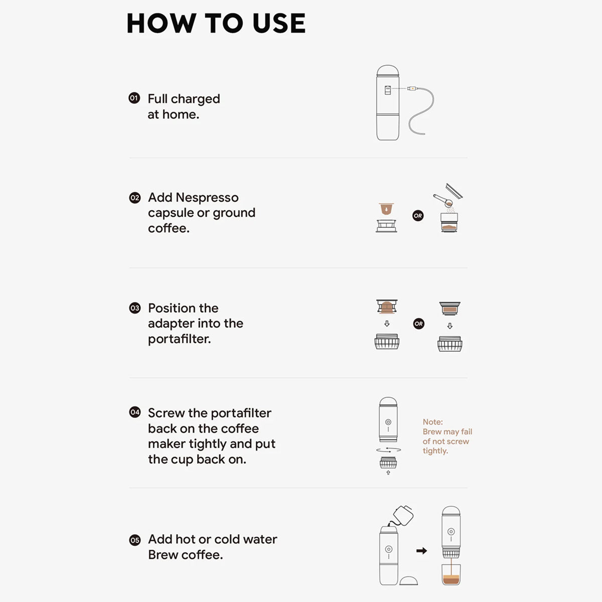 Instructions on how to use a CofeMeki Portable Coffee Maker device with text and icons.