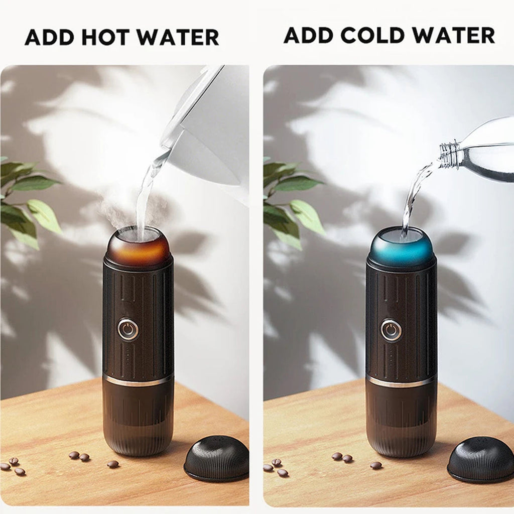 Two images showing a black and gold electric tea CofeMeki Portable Coffee Maker with water being added hot and cold.