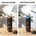 Two images showing a black and gold electric tea CofeMeki Portable Coffee Maker with water being added hot and cold.