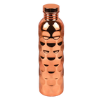 A metallic cCopperSyp Copper Water Bottle with a textured, wavy surface and a matching cap, featuring a cutout pattern of faces on the front, shown against a plain white background.