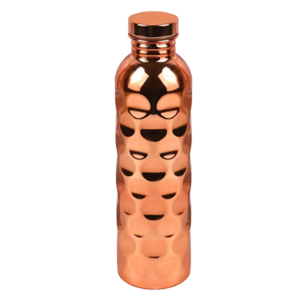 A metallic cCopperSyp Copper Water Bottle with a textured, wavy surface and a matching cap, featuring a cutout pattern of faces on the front, shown against a plain white background.