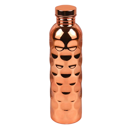 A metallic cCopperSyp Copper Water Bottle with a textured, wavy surface and a matching cap, featuring a cutout pattern of faces on the front, shown against a plain white background.