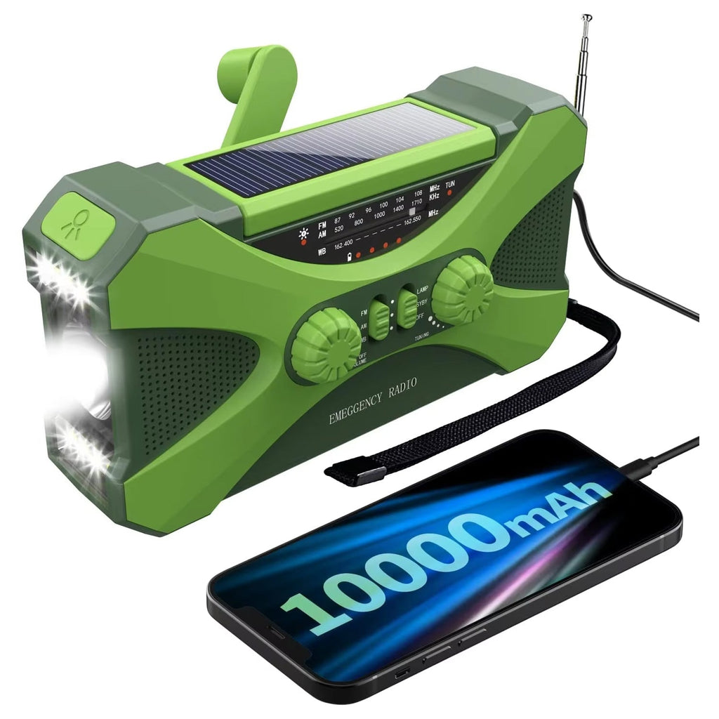 Green CrisyCom Emergency Radio with solar panel and flashlight, displaying 10000mAh on a smartphone.