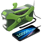 Green CrisyCom Emergency Radio with solar panel and flashlight, displaying 10000mAh on a smartphone.