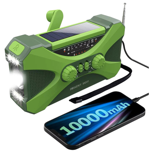 Green CrisyCom Emergency Radio with solar panel and flashlight, displaying 10000mAh on a smartphone.
