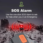SOS alarm CrisyCom Emergency Radio with a red light on a background of rubble, indicating an emergency situation.