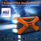 Orange CrisyCom Emergency Radio with flashlight on a dark background with stormy weather, featuring NOAA branding.
