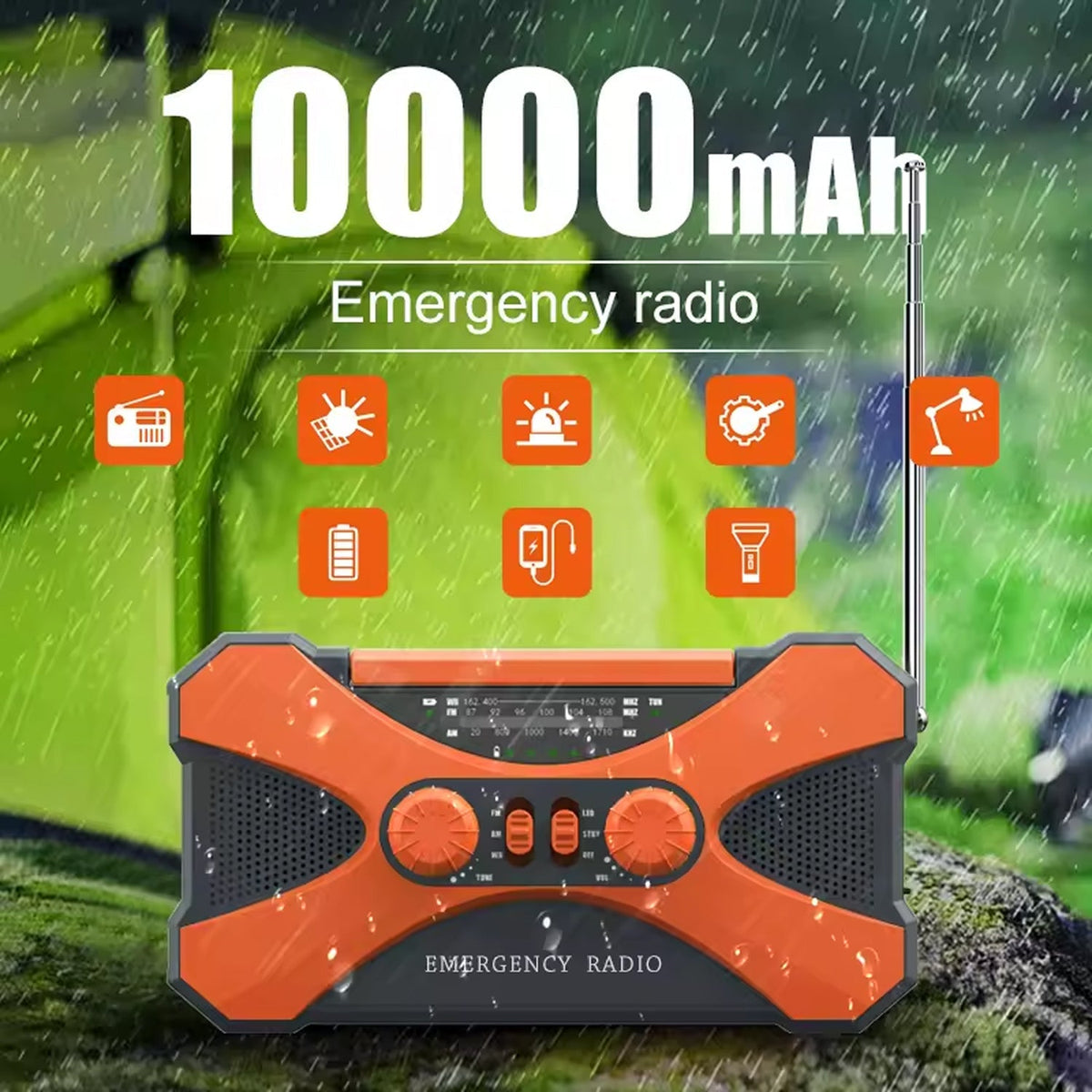 Orange CrisyCom Emergency Radio with 10000mAh capacity in a rain scene