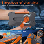 Hand holding a portable power station with charging methods shown, including solar and USB.
