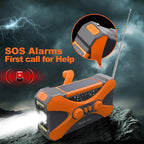 Orange and gray CrisyCom Emergency Radio with SOS alarms on a dark background