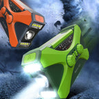 Two CrisyCom Emergency Radio lights, one orange and one green, on a dark, textured background.