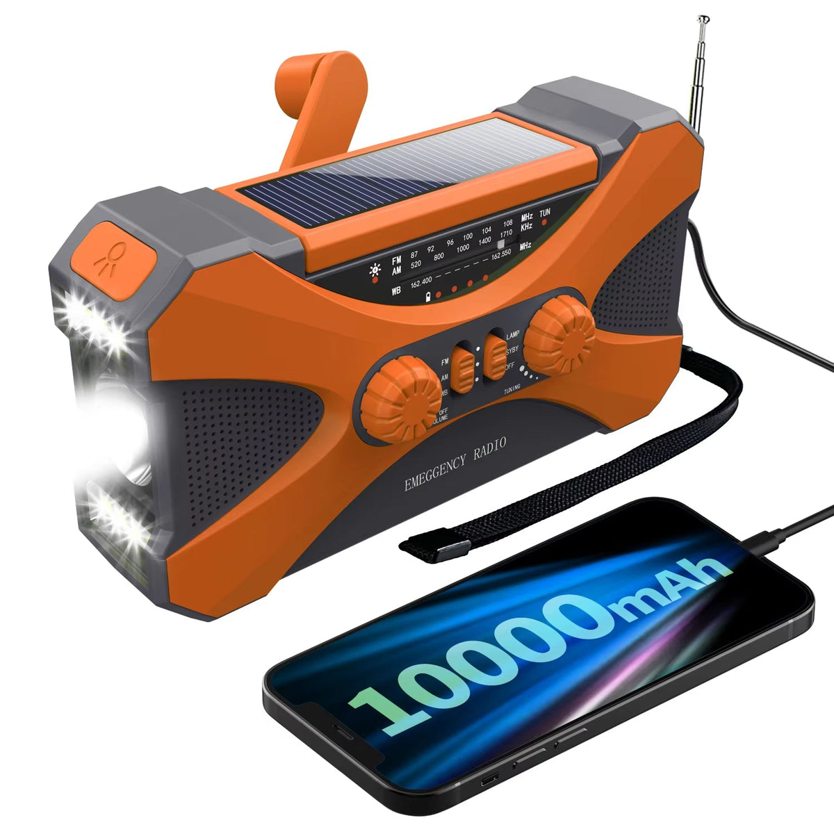 Orange and gray CrisyCom Emergency Radio with solar panel and phone showing 10000mAh battery capacity.