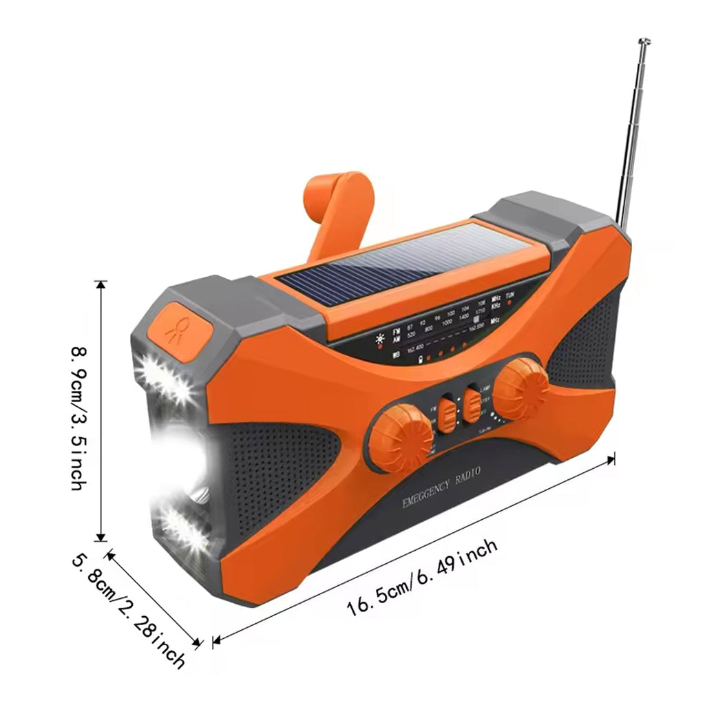 Orange and gray CrisyCom Emergency Radio with solar panel and flashlight, showing dimensions on a white background.