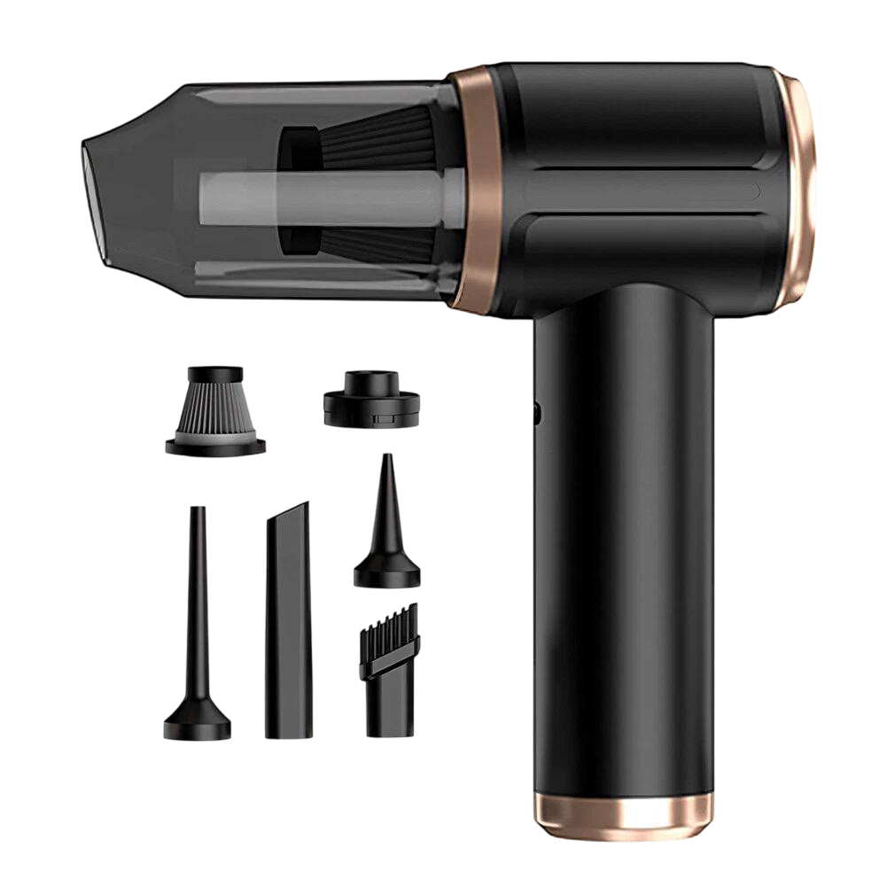 Black and rose gold DashiDust 5-in-1 Car Vacuum Cleaner with multiple attachments on a white background
