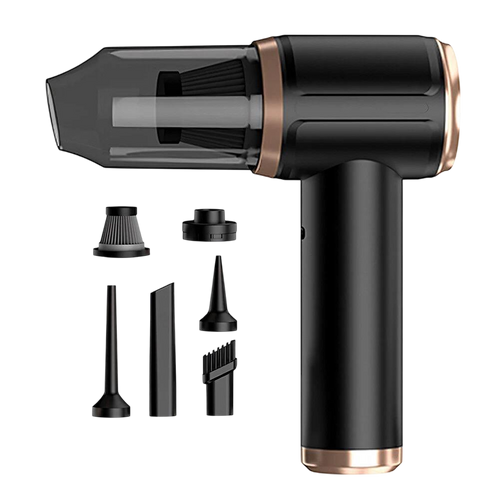 Black and rose gold DashiDust 5-in-1 Car Vacuum Cleaner with multiple attachments on a white background