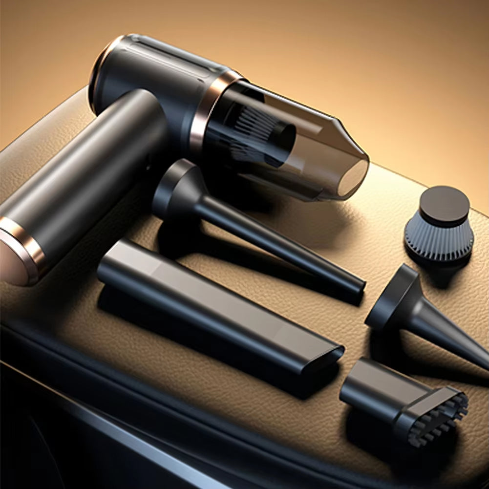 Black DashiDust 5-in-1 Car Vacuum Cleaner with various attachments on a brown surface