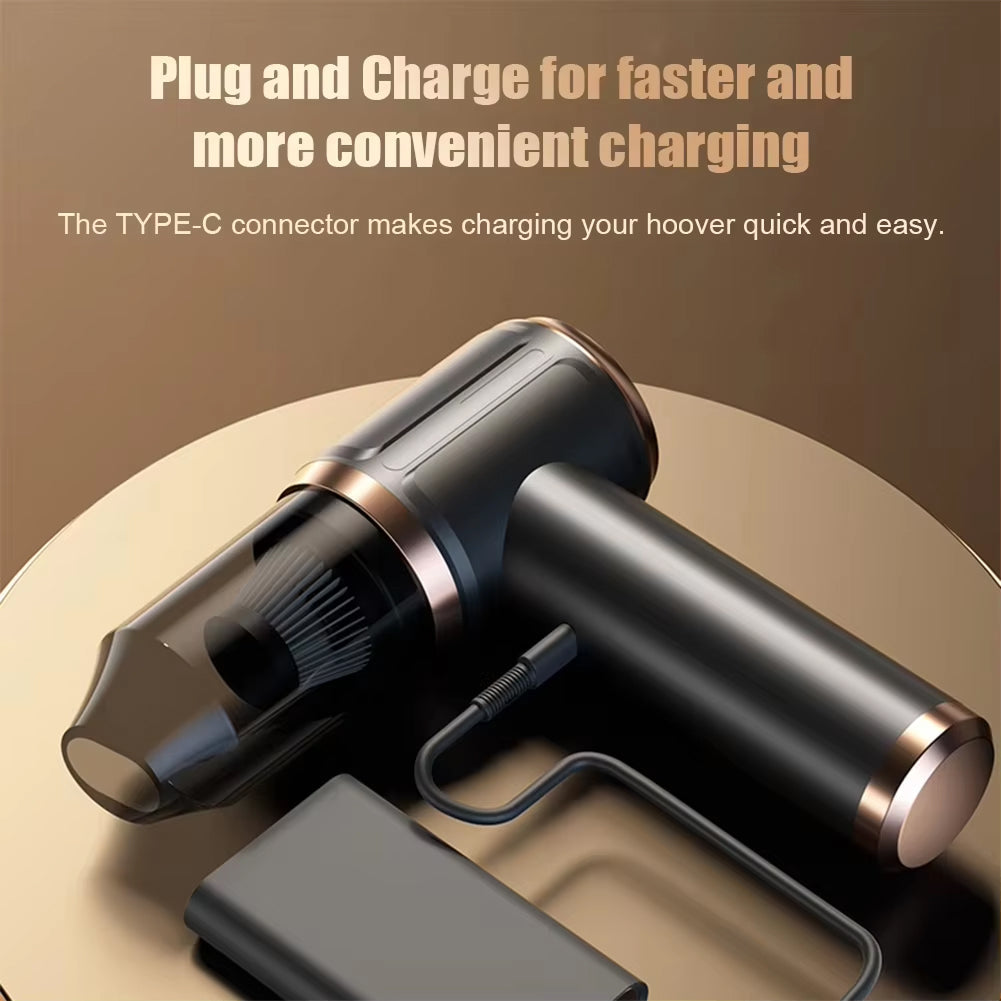 Black DashiDust 5-in-1 Car Vacuum Cleaner with charging cable on a beige surface, text about TYPE-C connector.