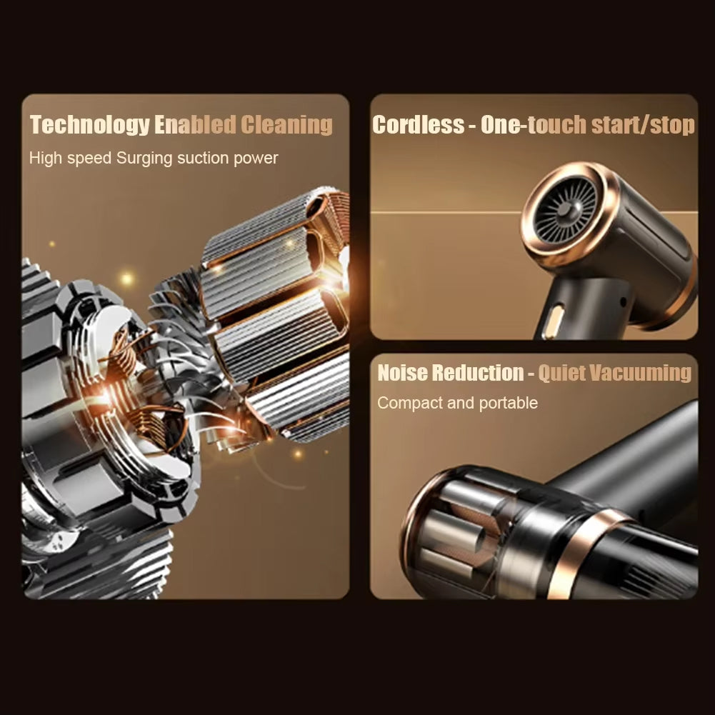 DashiDust 5-in-1 Car Vacuum Cleaner components with text highlighting features on a brown background