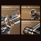 DashiDust 5-in-1 Car Vacuum Cleaner components with text highlighting features on a brown background