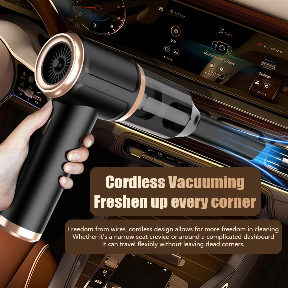 DashiDust 5-in-1 Car Vacuum Cleaner being used in a car interior with text highlighting its benefits.