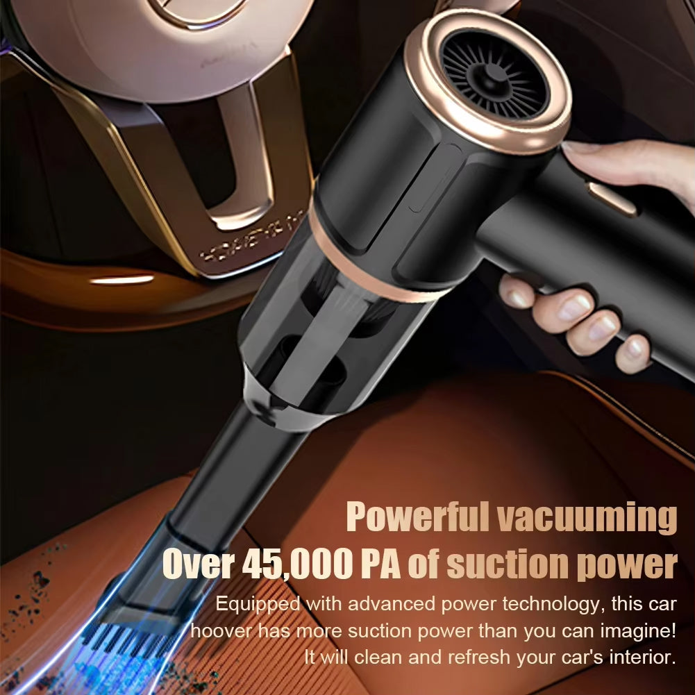 DashiDust 5-in-1 Car Vacuum Cleaner being used inside a car with text highlighting suction power.