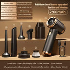 Multifunctional DashiDust 5-in-1 Car Vacuum Cleaner with various attachments and charging cable on a beige background