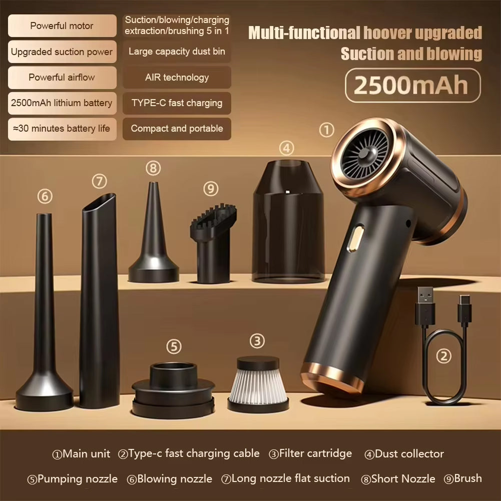 Multifunctional DashiDust 5-in-1 Car Vacuum Cleaner with various attachments and charging cable on a beige background