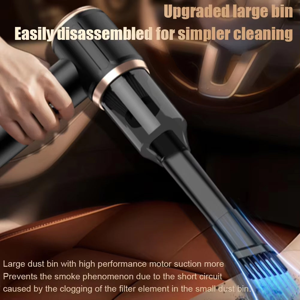 Handheld DashiDust 5-in-1 Car Vacuum Cleaner with large dust bin being used inside a car.