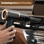Hand using a DashiDust 5-in-1 Car Vacuum Cleaner to clean inside a car, with text 'Technology Enabled Cleaning' at the top.