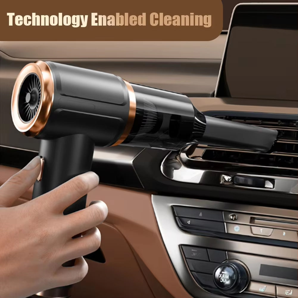 Hand using a DashiDust 5-in-1 Car Vacuum Cleaner to clean inside a car, with text 'Technology Enabled Cleaning' at the top.