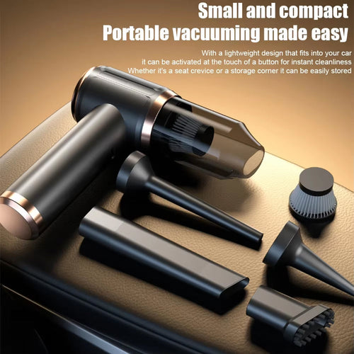 Portable dashidust vacuum cleaner with attachments on a car seat, highlighting its compact design.