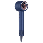 A modern DashieDry Hair Dryer in a deep navy blue color with rose gold accents on the nozzle trim and control buttons, shown against a solid white background.