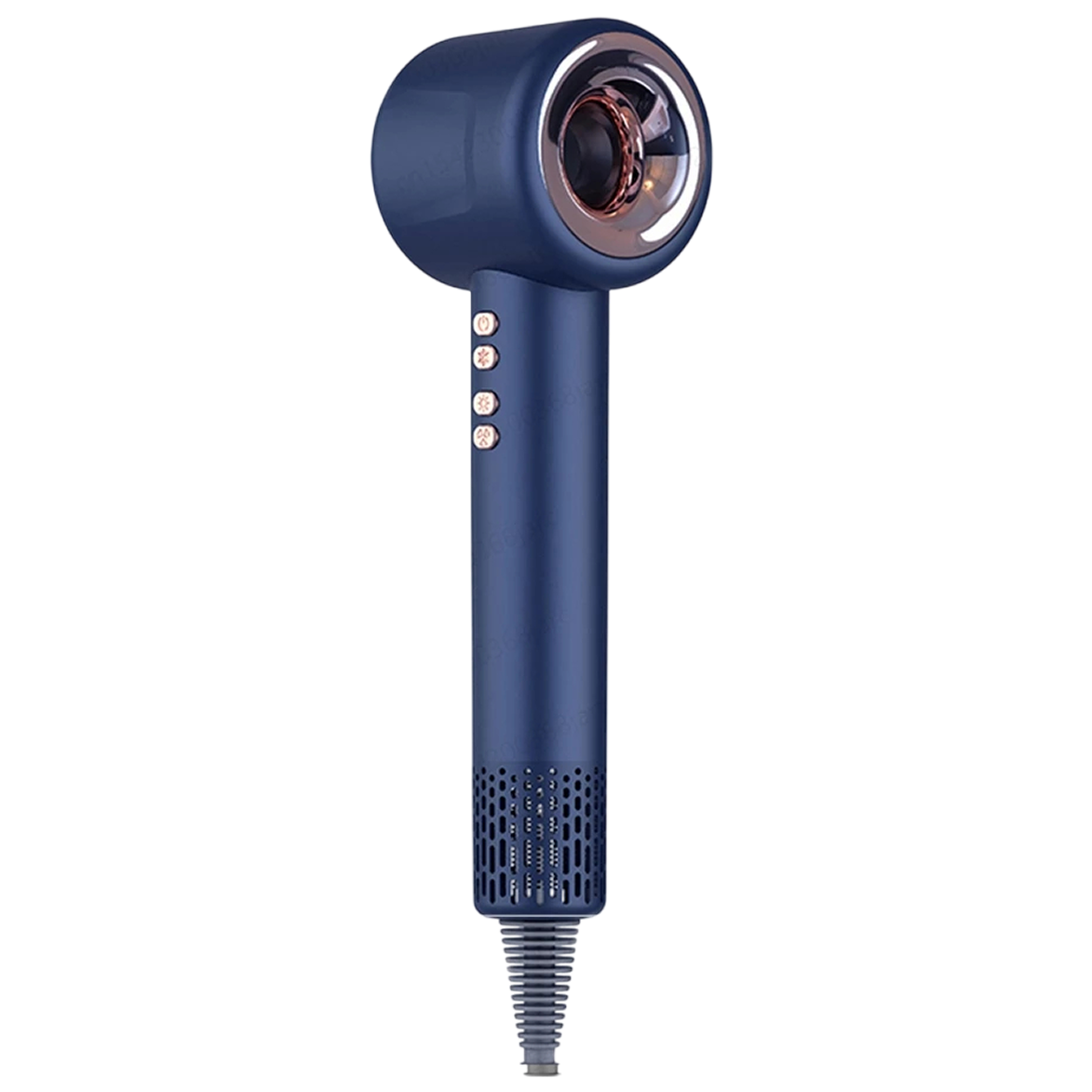 A modern DashieDry Hair Dryer in a deep navy blue color with rose gold accents on the nozzle trim and control buttons, shown against a solid white background.