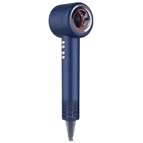 A modern DashieDry Hair Dryer in a deep navy blue color with rose gold accents on the nozzle trim and control buttons, shown against a solid white background.