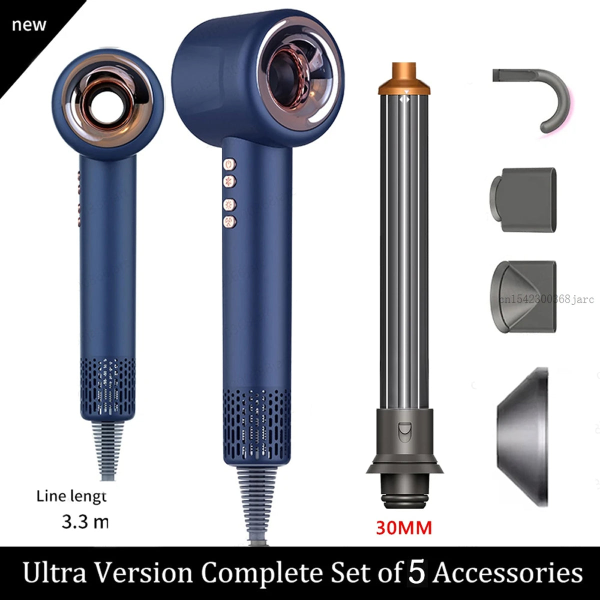 Blue DashieDry Hair Dryer with multiple attachments on a white background