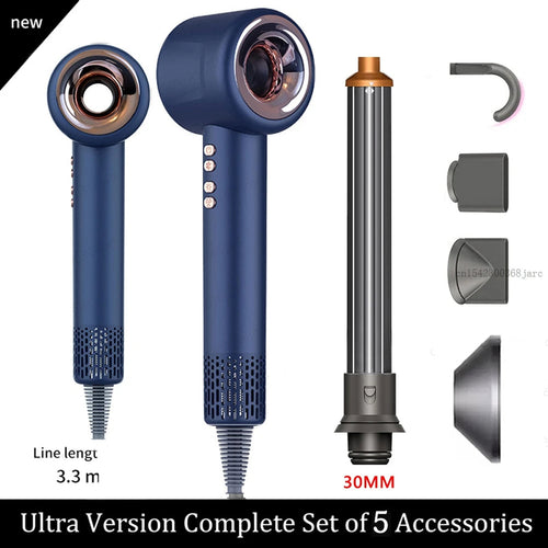 Blue DashieDry Hair Dryer with multiple attachments on a white background