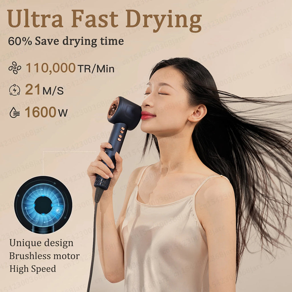 A woman with long dark hair holds a dark blue DashieDry Hair Dryer against her face in a studio setting with promotional text about fast drying, wind speed, and power. A circular inset shows the dryer's interior fan design.