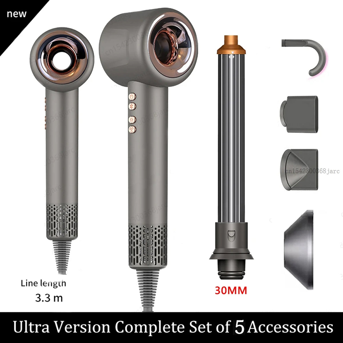 DashieDry Hair Dryer with multiple attachments on a white background