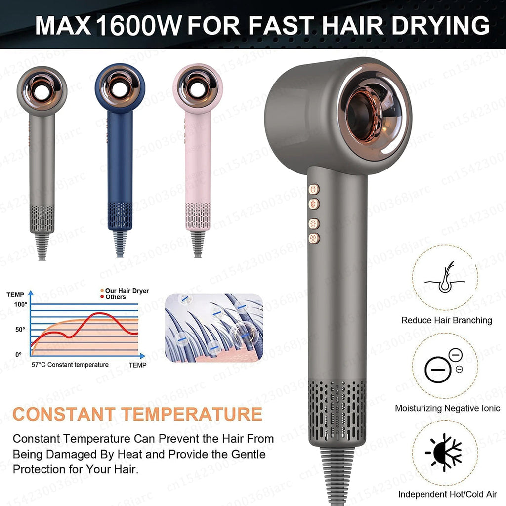 A DashieDry Hair Dryer promotional graphic showing a large gray hair dryer on the right, three smaller dryer color variants on the left (gray, blue, pink), feature icons, and text including 'MAX 1600W FOR FAST HAIR DRYING' and 'CONSTANT TEMPERATURE'.