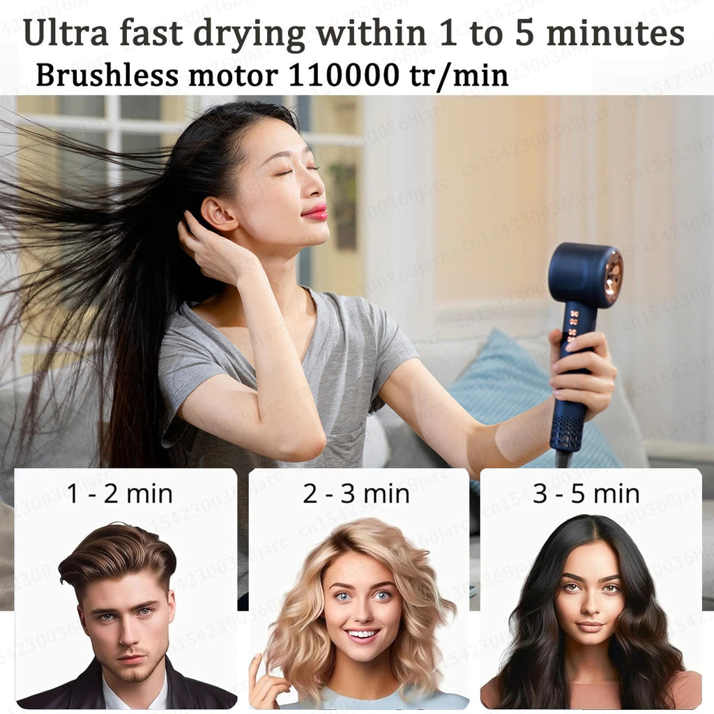 Woman using a DashieDry Hair Dryer with text about ultra-fast drying time and brushless motor speed.
