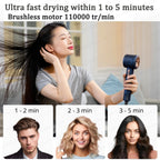 Woman using a DashieDry Hair Dryer with text about ultra-fast drying time and brushless motor speed.