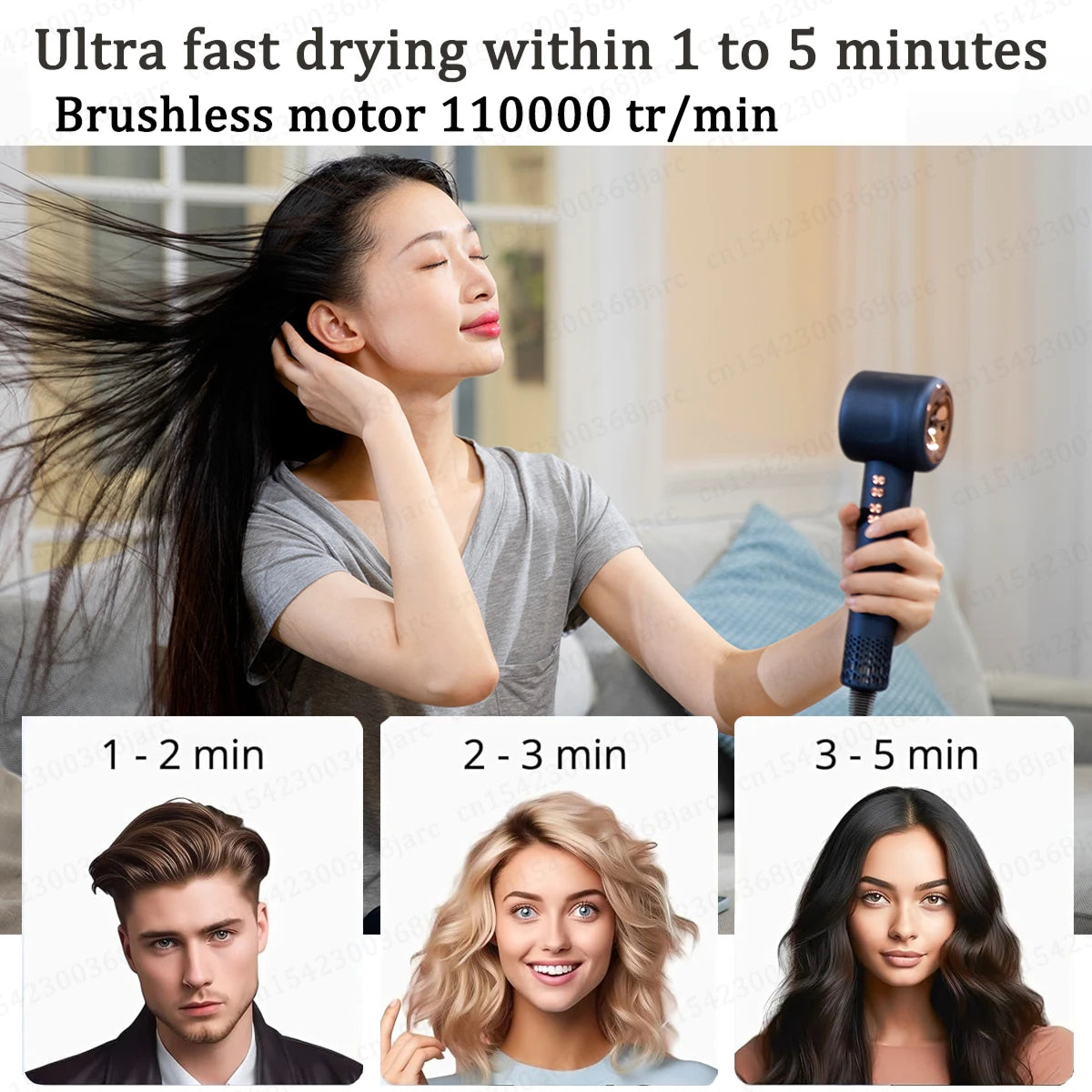 Woman using a DashieDry Hair Dryer with text about ultra-fast drying time and brushless motor speed.