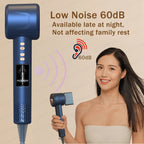 Blue DashieDry Hair Dryer with a woman holding it, featuring text about low noise level.
