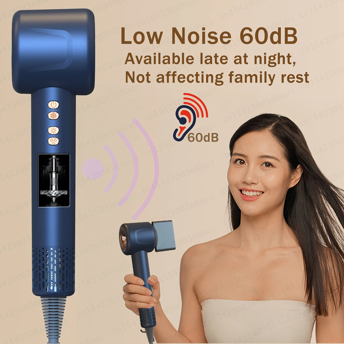 Blue DashieDry Hair Dryer with a woman holding it, featuring text about low noise level.